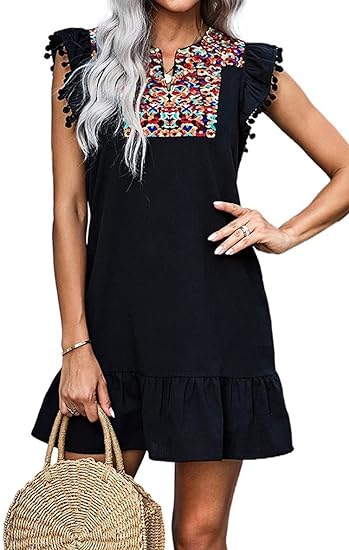 Photo 1 of KYLASIEN Women's V Neck Floral Embroidered Ruffle Pompom Dresses 2023 Swing Shift Dress Summer Casual Boho Mini Dress SM (LONGLEEVE AND BLUE IN COLOR)