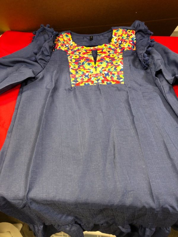 Photo 1 of KYLASIEN Women's V Neck Floral Embroidered Ruffle Pompom Dresses 2023 Swing Shift Dress Summer Casual Boho Mini Dress XL (LONGLEEVE AND BLUE IN COLOR)
