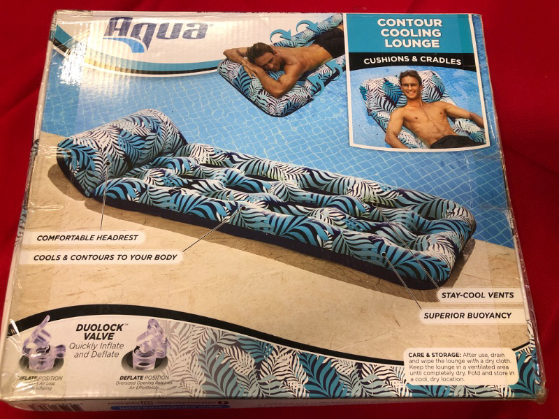 Photo 2 of Aqua 18-Pocket Inflatable Contour Lounge, Luxury Fabric, Suntanner Pool Float, Heavy Duty, Blue Ferns 18 Pocket Lounge Blue Fern 72"L