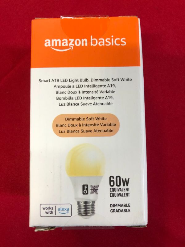 Photo 2 of Amazon Basics Smart A19 LED Light Bulb, Dimmable Soft White, 2.4 GHz Wi-Fi, 60W Equivalent 800LM, Works with Alexa Only, 1-Pack, Certified for Humans Soft White 1 Pack