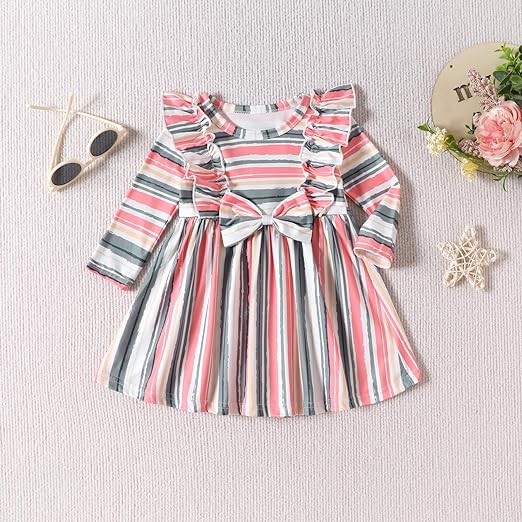 Photo 1 of Infant Toddler Baby Girl Clothes Ruffle Long Sleeve Casual Dress Color Stripes Gift Cute Fall Winter 3-24 Months