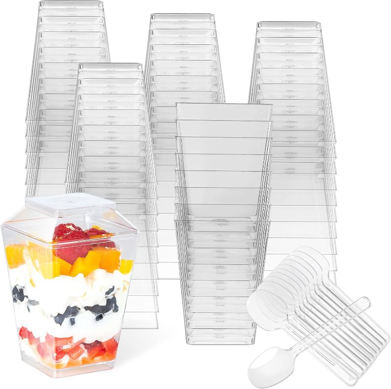 Photo 1 of  Dessert Cups, 60 Pack 5.4oz Appetizer / Parfait Cups Clear Plastic with Lids and Spoons