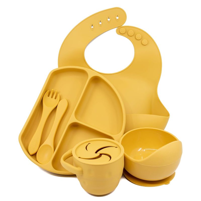 Photo 1 of  Mustard Yellow Baby Feeding Supplies - Toddler Self-Eating Plate Set with Utensils - Divided Plate, Suction Food Bowl, Spoon, Fork - Silicone Bib, Snack Cup - Dishwasher-Safe (8 Piece Set)