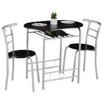 Photo 1 of 3 Piece Dining Table Set with Round Wood Grain Table and Chairs for Dining Room/Kitchen, Built-In Wine Rack, Black/Silver