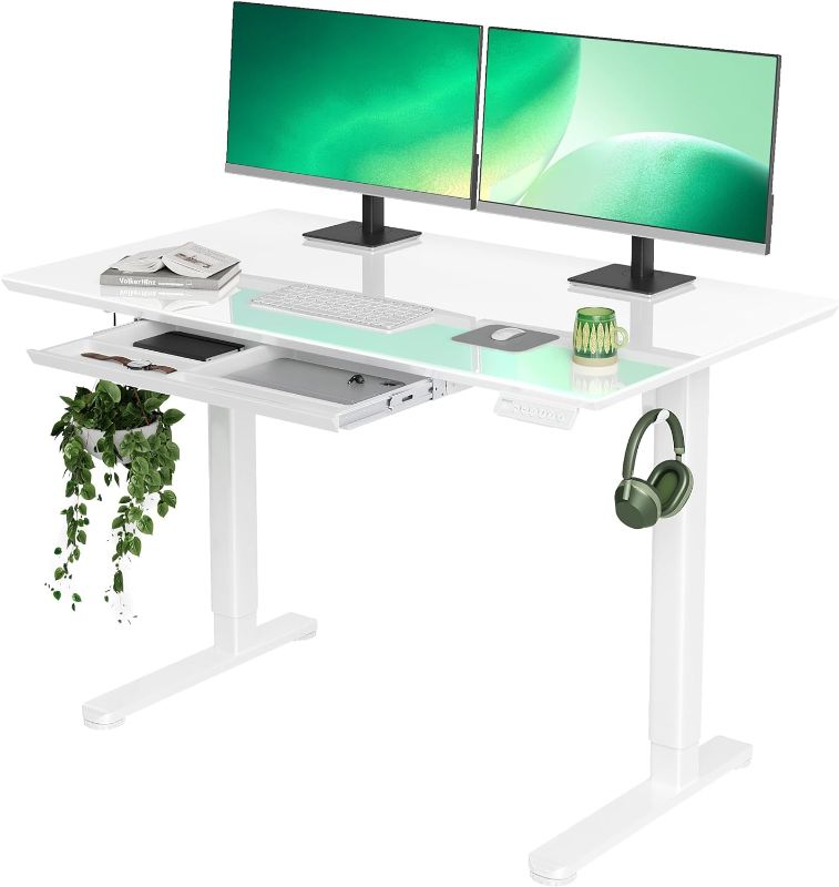 Photo 1 of Glass Standing Desk with Drawers, 48×24 Inch Adjustable Stand Up Desk Quick Install Home Office Computer Desk, White
