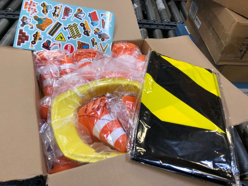 Photo 2 of 62 Pcs Construction Birthday Party Supplies Set Kids Construction Dress up Set Including Vest, Hat, Tote Bag, Tablecloth, Traffic Cone Cups and Stickers for Construction Birthday Dress up Party Decors