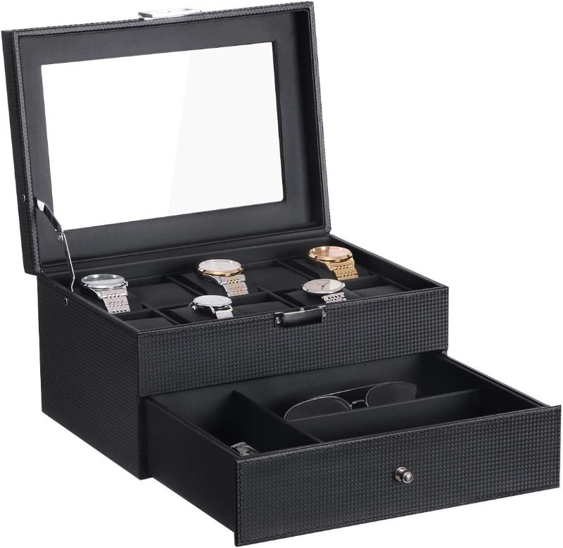 Photo 1 of BEWISHOME Watch Box Organizer with Valet Drawer - Real Glass Top, Metal Hinge, Large Holder, Black Carbon Fiber Faux Leather - 10 Slots Watch Storage Case Jewelry Box for Men SSH14C
