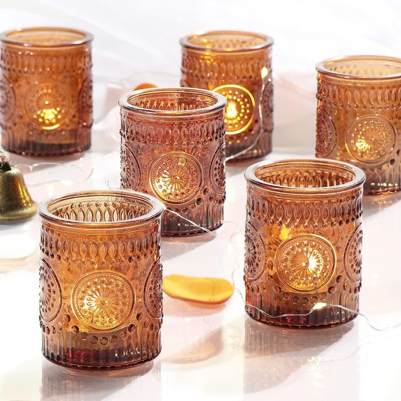 Photo 1 of 12pcs Vintage Amber Votive Candle Holders, Amber Glass Tea Lights Candle Holder for Baby Shower, Boho Wedding Decorations, Vintage Boho Party Home Fall Centerpieces Table Decoration
