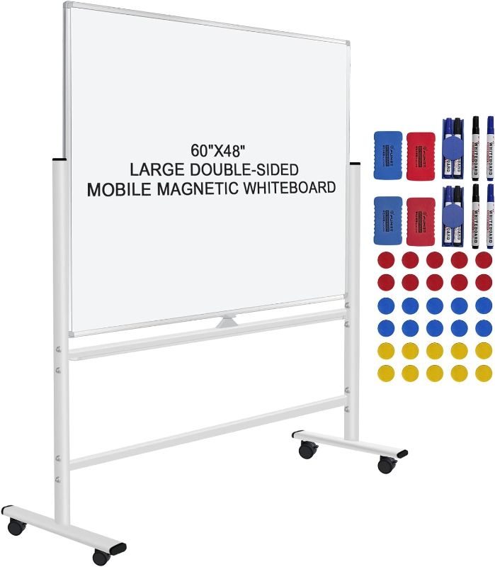 Photo 1 of 60"x48" Mobile Whiteboard Double-Sided Magnetic Dry Erase Board on Wheels - Comercial Rolling White Boards with Sturdy Stand for Home, Office & School
