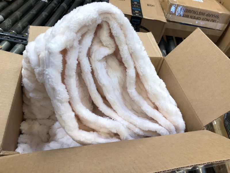 Photo 1 of PHF Ultra Soft Flannel Fleece Blanket Queen Size, 340GSM 3D Jacquard Fleece Blanket for Fall & Winter, No Shedding, No Pilling, Warmth & Lightweight Fluffy Cozy Blanket 90"x90", Ivory Queen(90"x90") Ivory