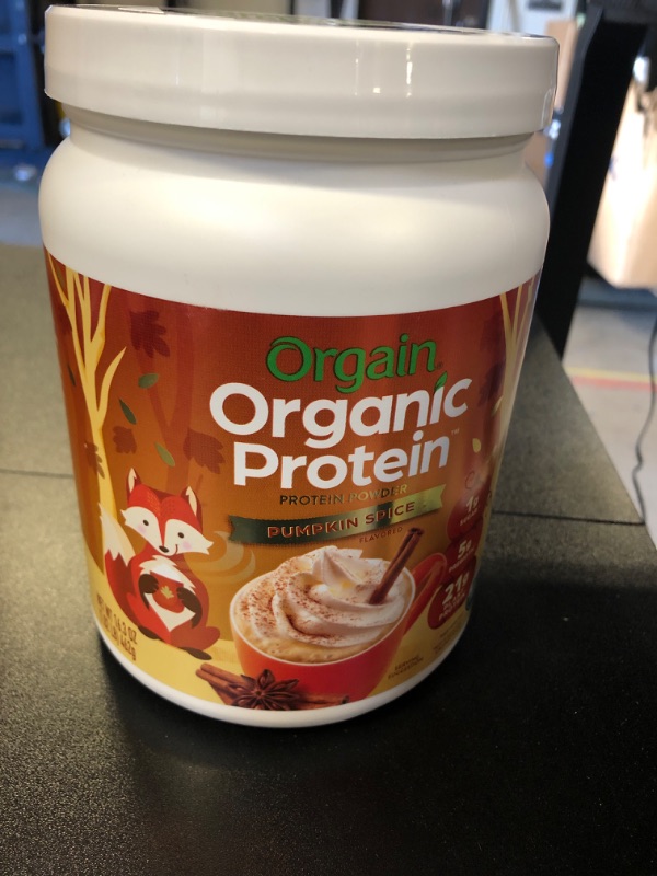 Photo 2 of exp date 04/2024---Orgain Organic Vegan Protein Powder, Pumpkin Spice - 21g of Plant Based Protein, Non Dairy, Gluten Free, 1g of Sugar, Soy Free, Kosher, Non-GMO,1.02LB