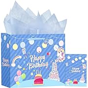 Photo 1 of 1pc  Powbrace Girls Kids Birthday Gift Bags with Tissue Paper and Greeting Card for Reusable and Perfect For Presents of Girls Kids Birthday Party,Blue Gift Bags(