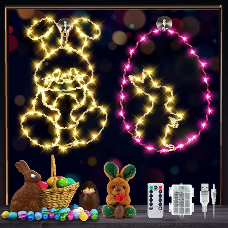 Photo 1 of 2 Pack Easter Egg Bunny Window Colorful Silhouette Lights, with 8 Modes Timer and Battery Operated Control Box, Happy Easter Waterproof LED Lighted Rabbit Egg Party Indoor Outdoor Decor (Egg, Bunny)