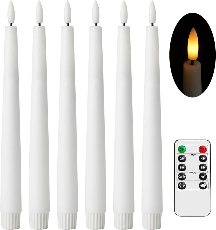 Photo 1 of 10 Inch Flameless Taper Candles - Realistic 3D Flame with Wick, White Real Wax, Flickering LED Candlesticks, Spring Home Decor, Automatic Timer, Remote Control - Set of 6

