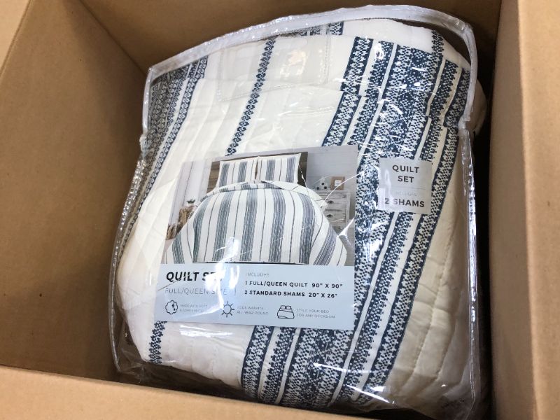 Photo 3 of Great Bay Home Bedding Set, 3 Piece Reversible Lightweight Quilt Comforter with 2 Shams, All-Season, Modern Bedspreads, Navy and White Stripes Coverlet Sets, Wesley Quilts Collection, Full/Queen Full / Queen White / Navy