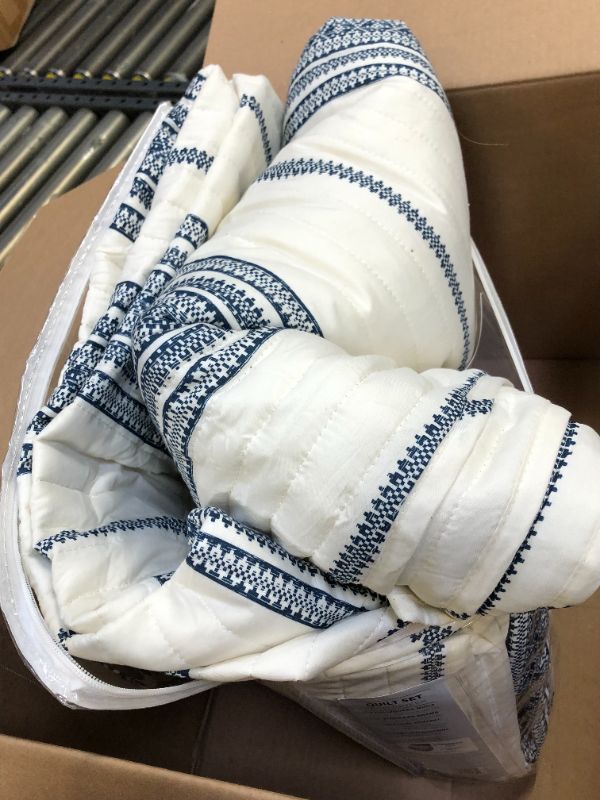 Photo 1 of Great Bay Home Bedding Set, 3 Piece Reversible Lightweight Quilt Comforter with 2 Shams, All-Season, Modern Bedspreads, Navy and White Stripes Coverlet Sets, Wesley Quilts Collection, Full/Queen Full / Queen White / Navy