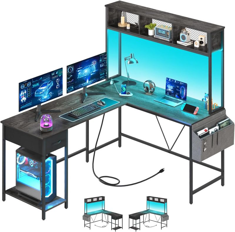 Photo 1 of Yoobure L Shaped Desk Gaming Desk with LED Strip & Power Outlet, Reversible L-Shaped Computer Desk with Storage Shelf & Drawer, Corner Desk with Storage Bag, 2 Person Home Office Desk, Gray
