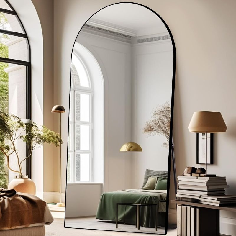 Photo 1 of 76"x34" Mirror Full Length Arched Large Mirror with Stand Aluminum Alloy Frame Floor Mirror for Living Room, Bedroom Hanging Standing or Leaning Wall-Mounted, Black
