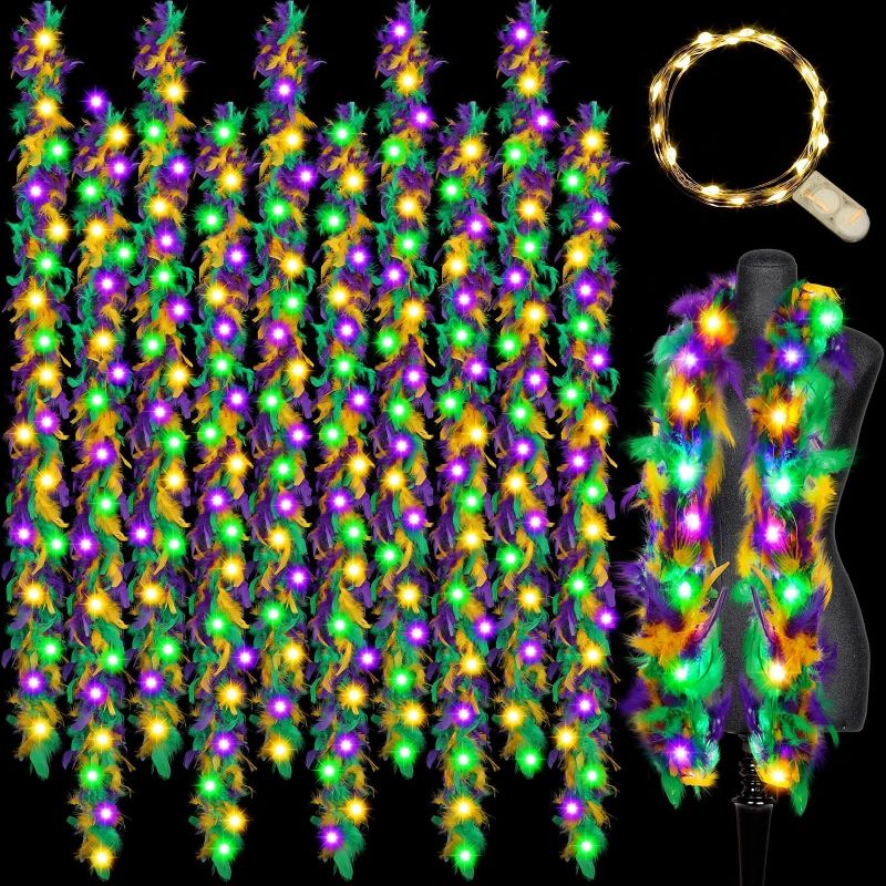 Photo 1 of 10 Pcs 38 Gram 6 ft Lighted Mardi Gras Feather Boa LED Light Boas Colorful Feathered Light up Boa Mardi Gras Decoration Accessories for Party Wedding Halloween Costume Christmas Tree Decoration
