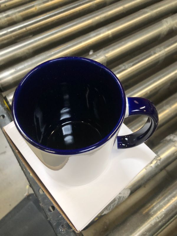 Photo 2 of 15 oz WHITE CERAMIC MUG, blue inside