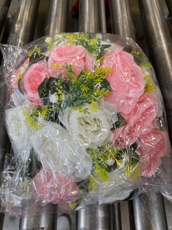 Photo 2 of  Fake Flower Ball Arrangement Bouquet,15 Heads Plastic Roses Suitable for Our Store's Wedding Centerpiece Flower Rack for Parties Valentine's Day Home Décor (Pink & White) 