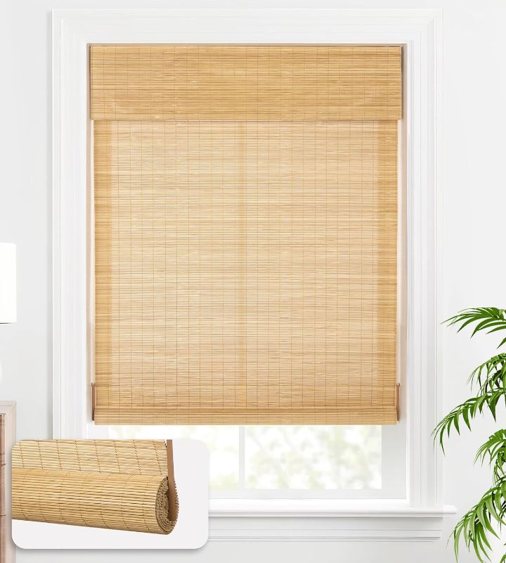 Photo 1 of 2 LazBlinds Cordless Bamboo Blinds, Bamboo Roll Up Shades for Windows, Light Filtering Wood Window Blinds, Bamboo Roller Shades for Indoor Home- Blinds Size: 32 1/5'' W x 72'' H, Carbonized
