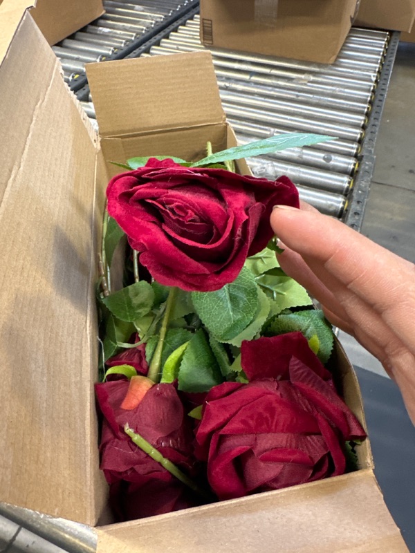 Photo 2 of 50 Pcs Artificial Rose Flower Realistic Silk Roses with Stem Bouquet of Flowers Plastic Flowers Real Looking Fake Roses for Home Wedding Centerpieces Party Decorations (Burgundy)