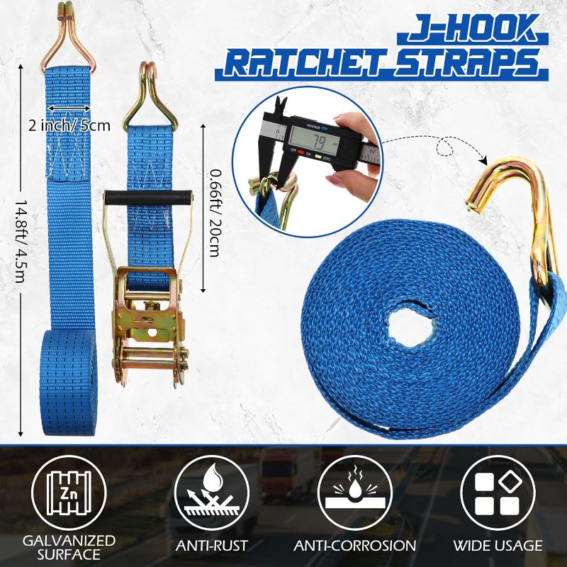 Photo 1 of  2 Inch x 15 ft Ratchet Tie Down Straps Heavy Ratchet Strap, Cargo Straps with J Hooks for Moving Appliances Trailers Lawn Equipment Motorcycle Trucks (Blue)