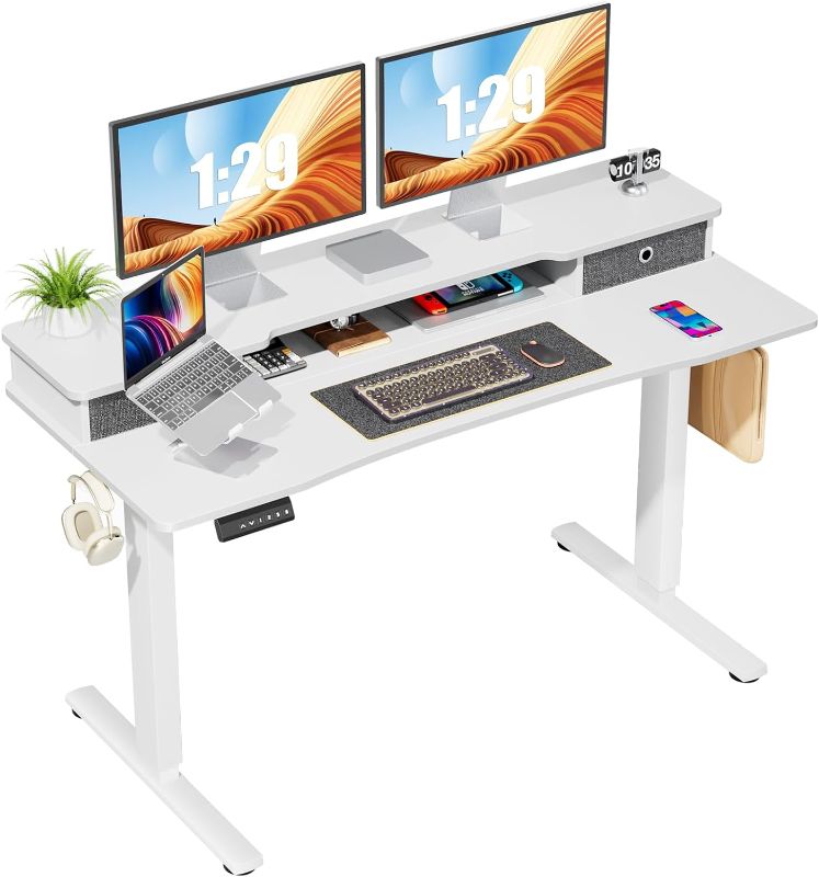 Photo 1 of CUANBOZAM 55 inch Electric Standing Desk with Double Drawers, Adjustable Height Stand Up Desk, Sit Stand Home Office Desk with Monitor Stand, Computer Workstation with Storage Shelf
