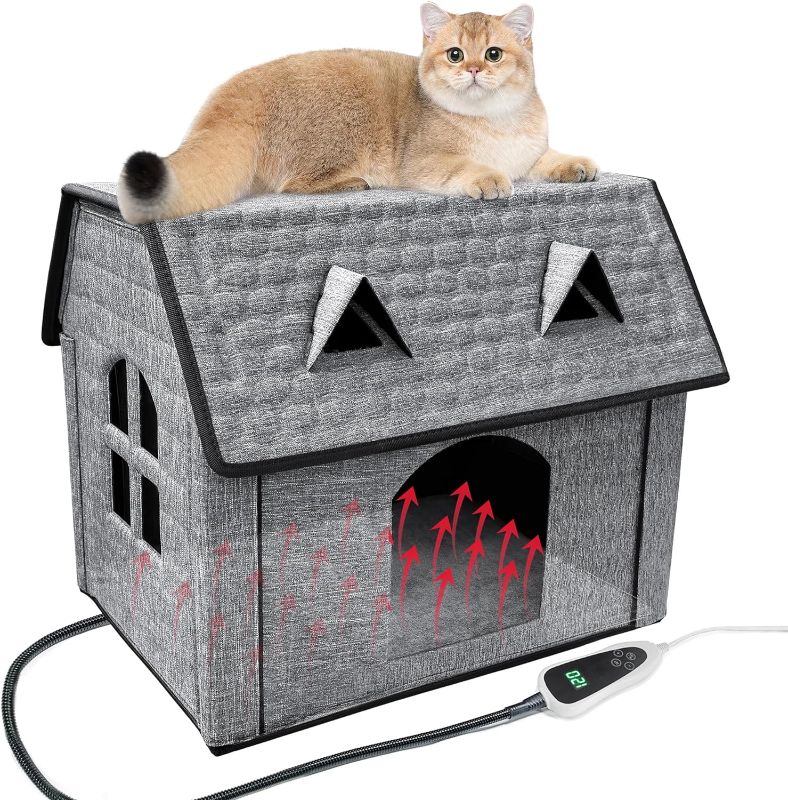 Photo 1 of GOLOPET Cat House with Intelligent Thermostat, Cat Heating Houses for Indoor Outdoor Kitty, Foldable Puppy Heated Bed Cat Shelter with Cute Windows, Sturdy and Waterproof Pet House for All Seasons
