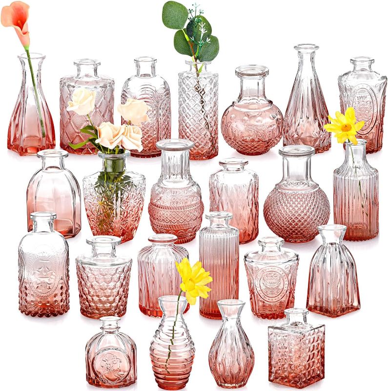 Photo 1 of Zhehao 24 Pieces Glass Bud Vase Set Small Glass Vase Amber Vase in Bulk Clear Flower Vases for Centerpieces Cute Vintage Vase for Rustic Wedding Decorations Home Table Decor
