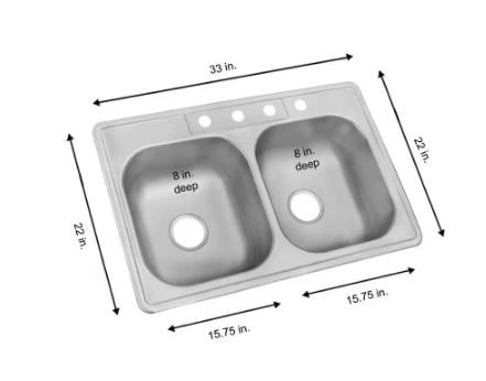 Photo 1 of 33 in. Drop-in Double Bowl 20 Gauge Stainless Steel Kitchen Sink with 4-Faucet Holes
