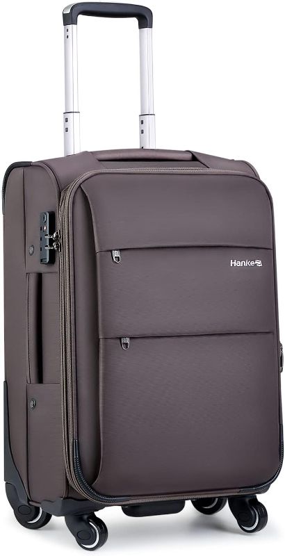 Photo 1 of Hanke 20 Inch Softside Expandable Carry on Luggage with Spinner Wheels, Lightweight upright Suitcase with TSA Lock,Rolling Travel Luggage for Woman Man,20-Inch(Coffee)
