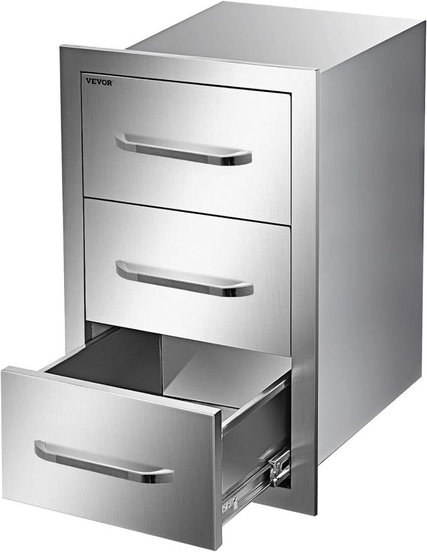 Photo 1 of 16" W x 28.5" H x 20.5" D Flush Mount Triple Access Stainless Steel Handle Drawers for Outdoor Kitchens or BBQ Island Patio Grill Station, 16W x 28.5H x 20.5D Inch
