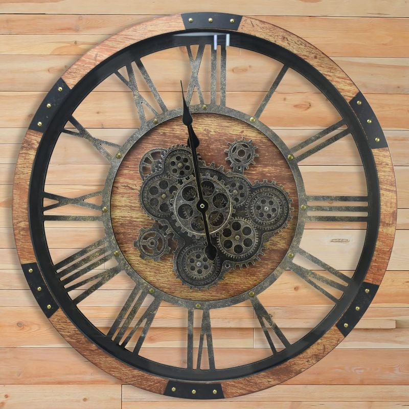 Photo 1 of 27 inch Large Real Moving Gears Wall Clock with Toughened Glass Cover, Oversized Vintage Solid Wood Farmhouse Clock, Giant Decorative Rustic Wall Clock for Living Room Home Kitchen Office (Brown)
