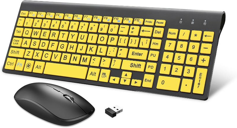 Photo 1 of HXMJ-Wireless Large Print Keyboard and Mouse Combo with USB Receiver for Seniors and Visually Impaired Low Vision Individuals-Yellow
