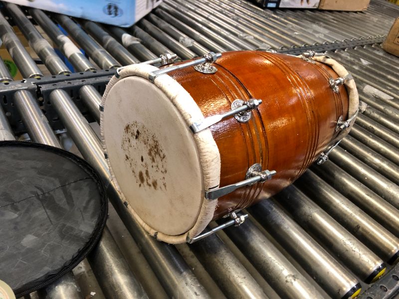 Photo 4 of Dholak Drum, Mango Wood, Bolt-tuned, Padded Bag, Spanner, Dholki Musical Instrument (PDI-AJD)