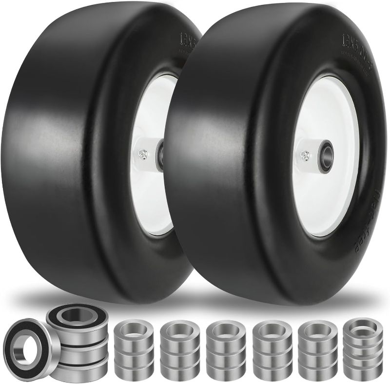 Photo 1 of 2 PCS 13x5.00-6 Flat Free Tire and Wheel with 1/2" & 3/4" & 5/8" Precision Bearings, 13x5x6 Lawn Mower Tires with 3.25"-6.85" Centered Hub, 13x5.00-6 tire for Riding Lawn Mower Garden Tractor
