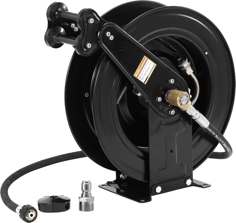 Photo 1 of High Pressure Washer Hose Reel for Water/Air/Oil, 3/8" X 50 FT Steel Dual Arm Auto-Retractable Power Wash Hose Reel, Heavy Duty Hose Reel 4000 PSI
