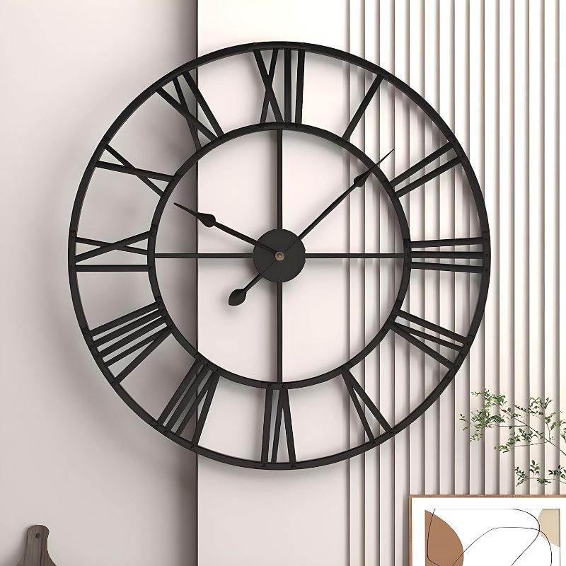 Photo 1 of 20” Mute Retro Wall Clock, Roman Numerals Art Creative Clock Vintage Silent Metal Clock Industrial Gear Clock, Indoor Black Non Ticking Large Round Decorative Clock for Living Room, Kitchen, Home
