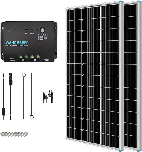 Photo 1 of Renogy 200 Watt 12 Volt Monocrystalline Solar Panel Starter Kit with 2 Pcs 100W Solar Panel and 30A PWM Charge Controller for RV, Boats, Trailer, Camper, Marine ,Off-Grid System
