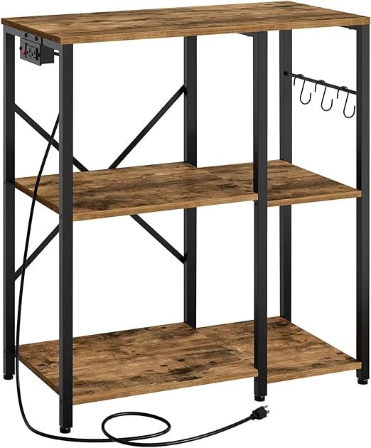 Photo 1 of YATINEY Bakers Rack with Power Outlet, 3-Tier Microwave Stand, Multifunctional Coffee Bar, Kitchen Storage Rack with Hooks, for Kitchen, Dining Room, Living Room, Rustic Brown and Black HB01BR
