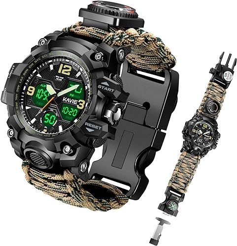 Photo 1 of Mens Tactical Military Digital Watch, 23-in-1 Survival Multi-Functional Army Outdoors Waterproof Camouflage Sports Watches Dual Display Analog LED Electronic Wristwatches with Compass Paracord Band
