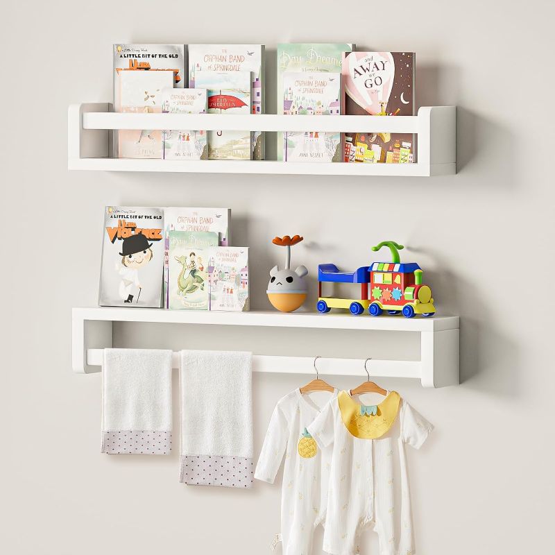 Photo 1 of 23.6inch Nursery Book Shelves, Floating Bookshelves for Wall, White Kids Bookshelf Set of 2, Wall Shelves for Living Room Bedroom Decor, Toy Storage Shelves

