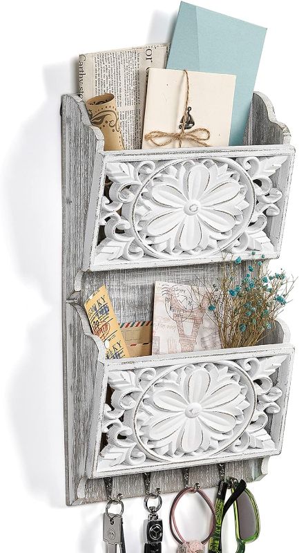 Photo 1 of 2-Slot Mail Organizer Wall Mount with 4 Key Hooks, Rustic Key and Mail Holder for Wall Decorative, Wooden Key Hangers Wall File Organizer Letter Sorter for Letter Magazines Keys
