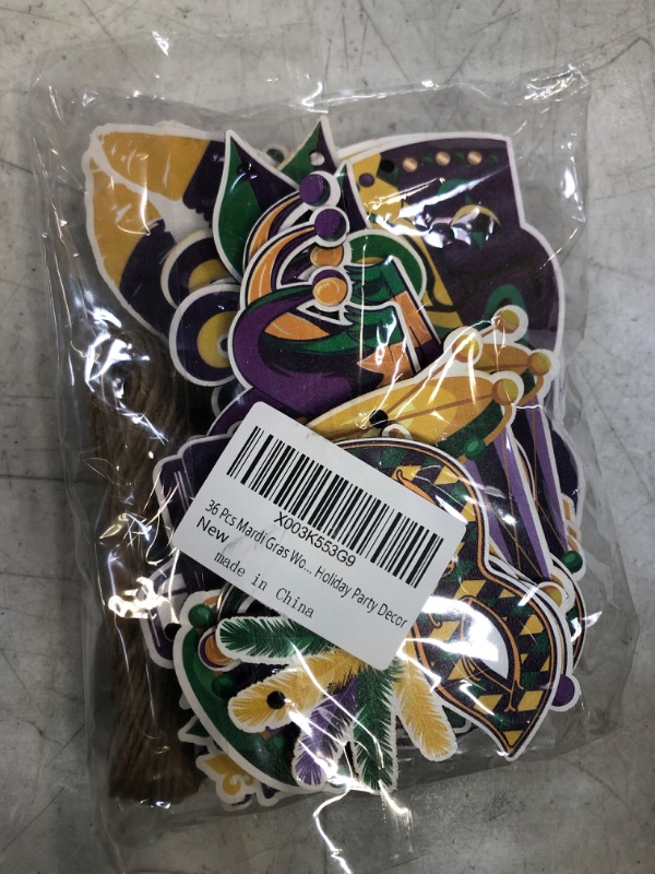 Photo 2 of 36 Pcs Mardi Gras Ornaments Decorations, Wooden Mardi Gras Hanging Ornaments Purple Yellow Green Carnival Masquerade Tree Ornaments Crown Mask Wooden