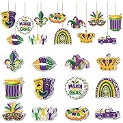 Photo 1 of 36 Pcs Mardi Gras Ornaments Decorations, Wooden Mardi Gras Hanging Ornaments Purple Yellow Green Carnival Masquerade Tree Ornaments Crown Mask Wooden