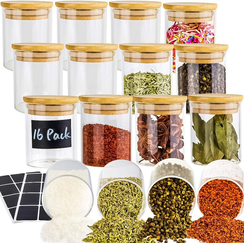 Photo 1 of 16 Pack Glass Jars with Lids, Bamboo Lids Spice Jars Set For Spice, Beans, Candy, Nuts, Herbs, Dry Food Canisters (Extra Chalkboard Labels) - 6.5 oz Clear