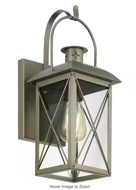 Photo 1 of Woodcliff 1-Light 15 in. Weathered Brass Outdoor Wall Lantern with Clear Glass
