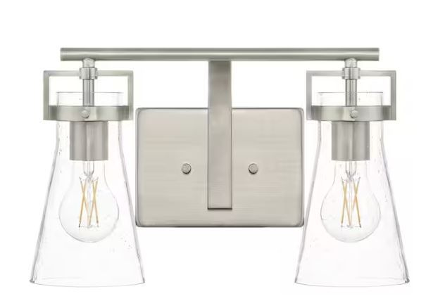 Photo 1 of Clermont 14.75 in. 2-Light Brushed Nickel Bathroom Vanity Light with Seeded Glass Shades
